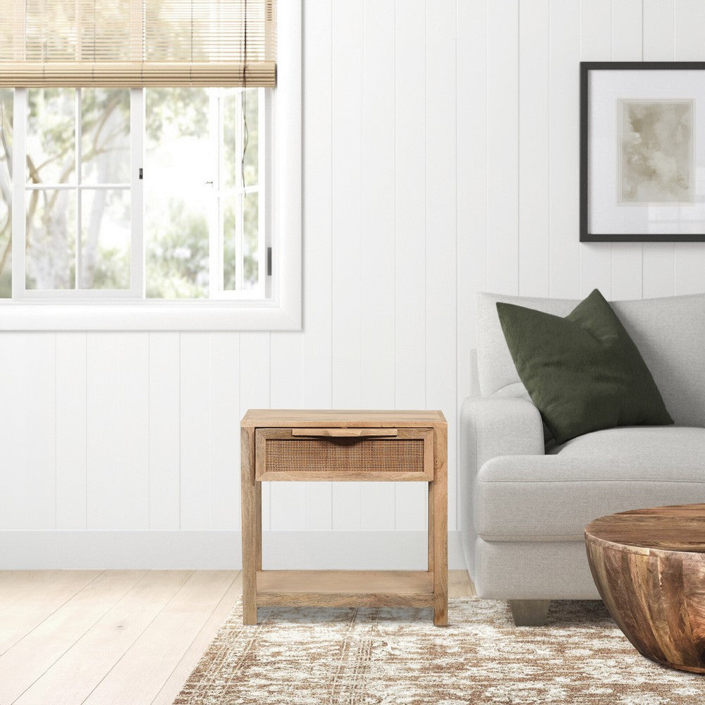 Rosette 22 Inch Accent Side Table, Rattan Front Drawer, Open Shelf, Natural Brown Mango Wood Frame by The Urban Port