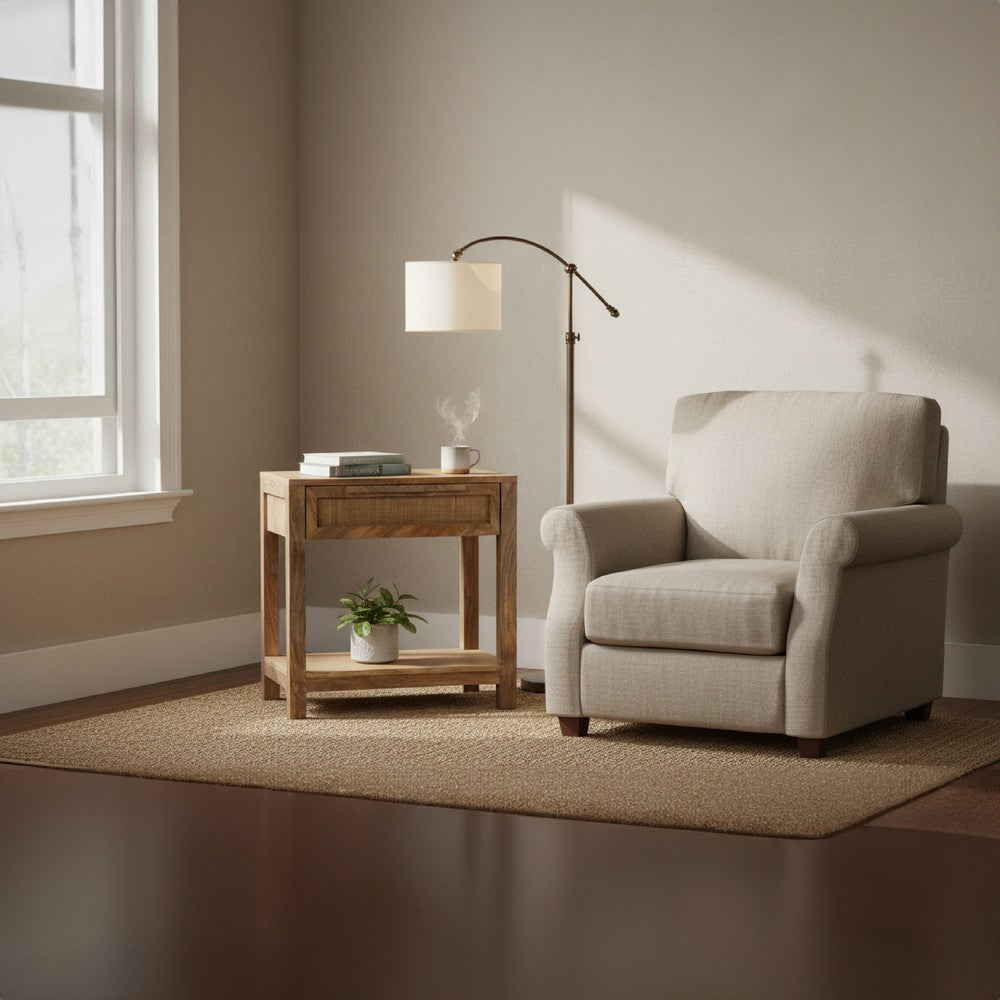 Rosette 22 Inch Accent Side Table, Rattan Front Drawer, Open Shelf, Natural Brown Mango Wood Frame by The Urban Port