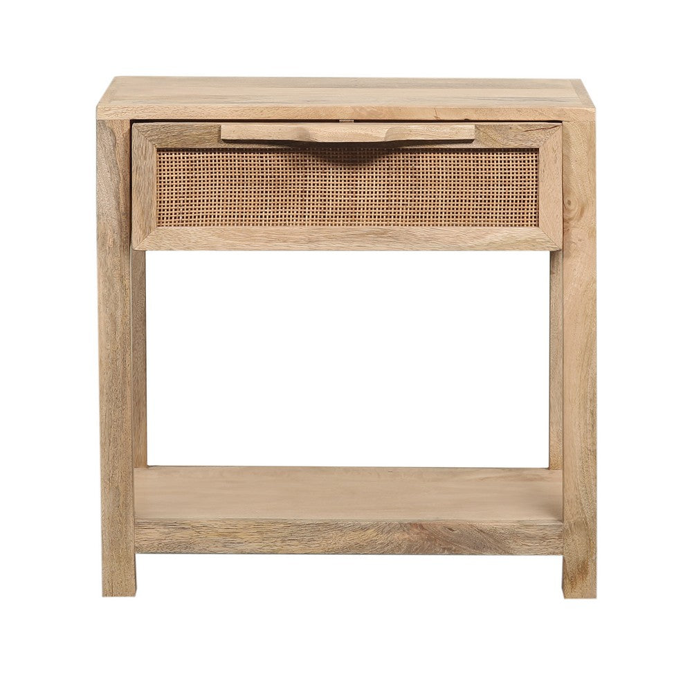 Rosette 22 Inch Accent Side Table, Rattan Front Drawer, Open Shelf, Natural Brown Mango Wood Frame by The Urban Port