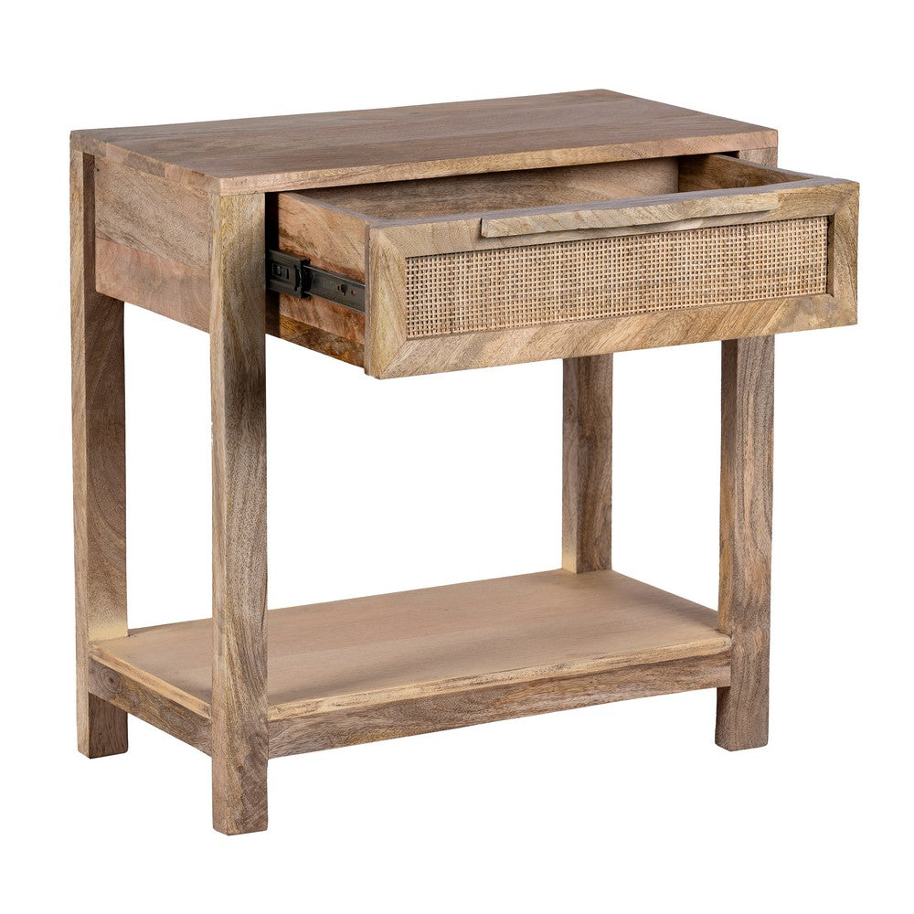 Rosette 22 Inch Accent Side Table, Rattan Front Drawer, Open Shelf, Natural Brown Mango Wood Frame by The Urban Port