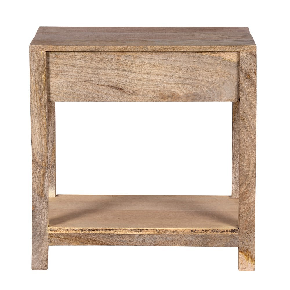 Rosette 22 Inch Accent Side Table, Rattan Front Drawer, Open Shelf, Natural Brown Mango Wood Frame by The Urban Port