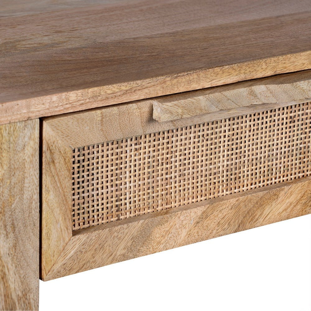 Rosette 22 Inch Accent Side Table, Rattan Front Drawer, Open Shelf, Natural Brown Mango Wood Frame by The Urban Port