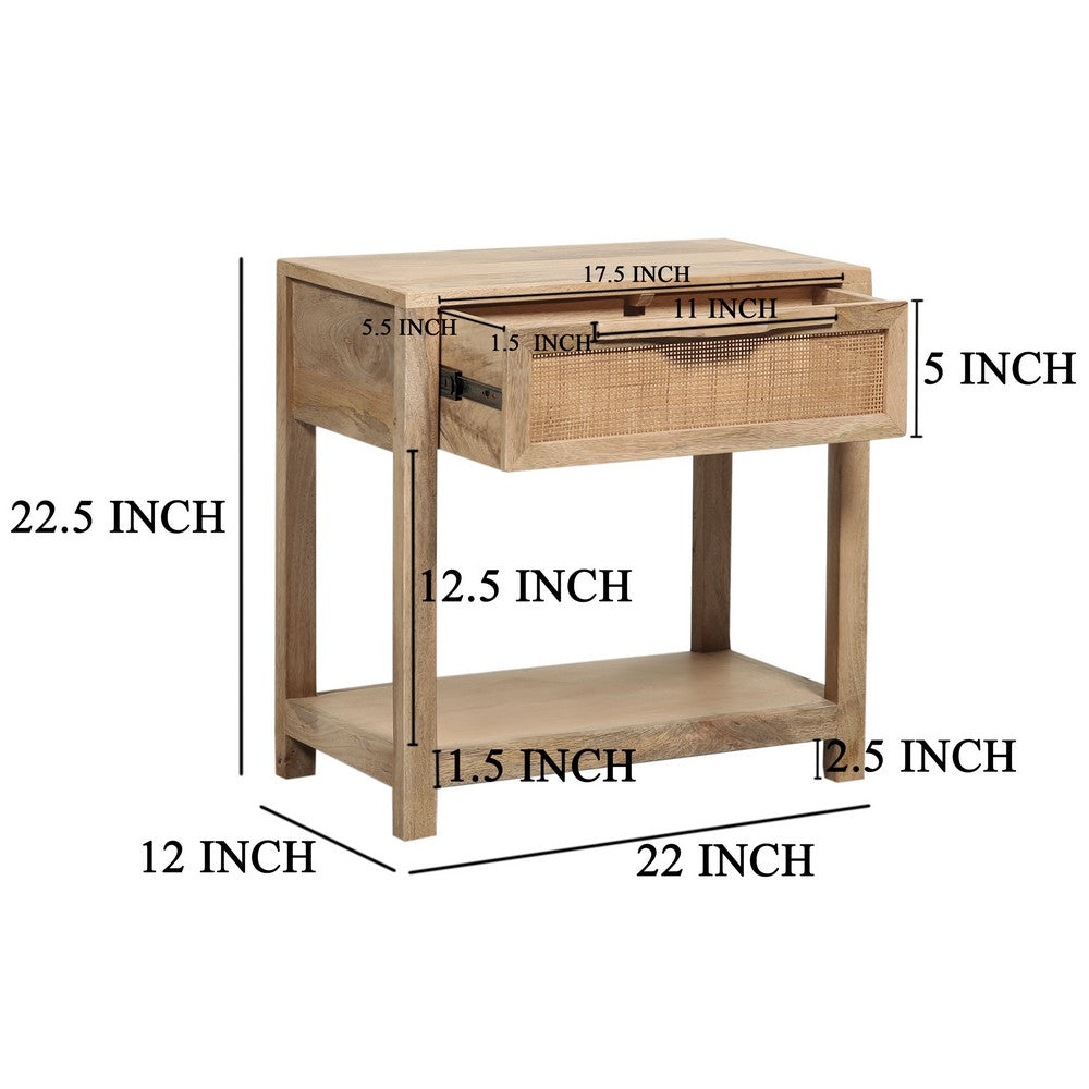 Rosette 22 Inch Accent Side Table, Rattan Front Drawer, Open Shelf, Natural Brown Mango Wood Frame by The Urban Port