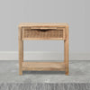 Rosette 22 Inch Accent Side Table, Rattan Front Drawer, Open Shelf, Natural Brown Mango Wood Frame by The Urban Port