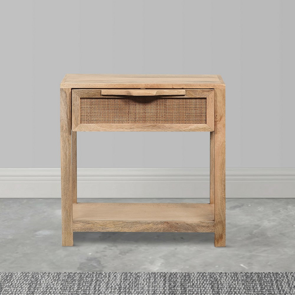 Rosette 22 Inch Accent Side Table, Rattan Front Drawer, Open Shelf, Natural Brown Mango Wood Frame by The Urban Port