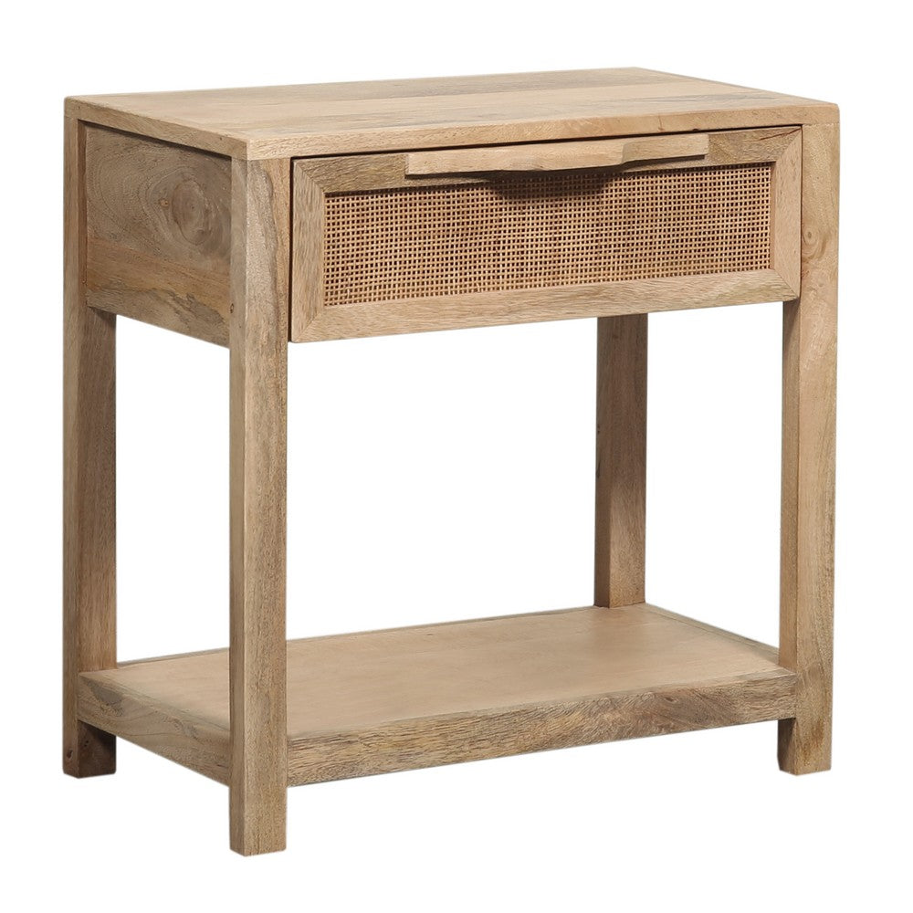 Rosette 22 Inch Accent Side Table, Rattan Front Drawer, Open Shelf, Natural Brown Mango Wood Frame by The Urban Port