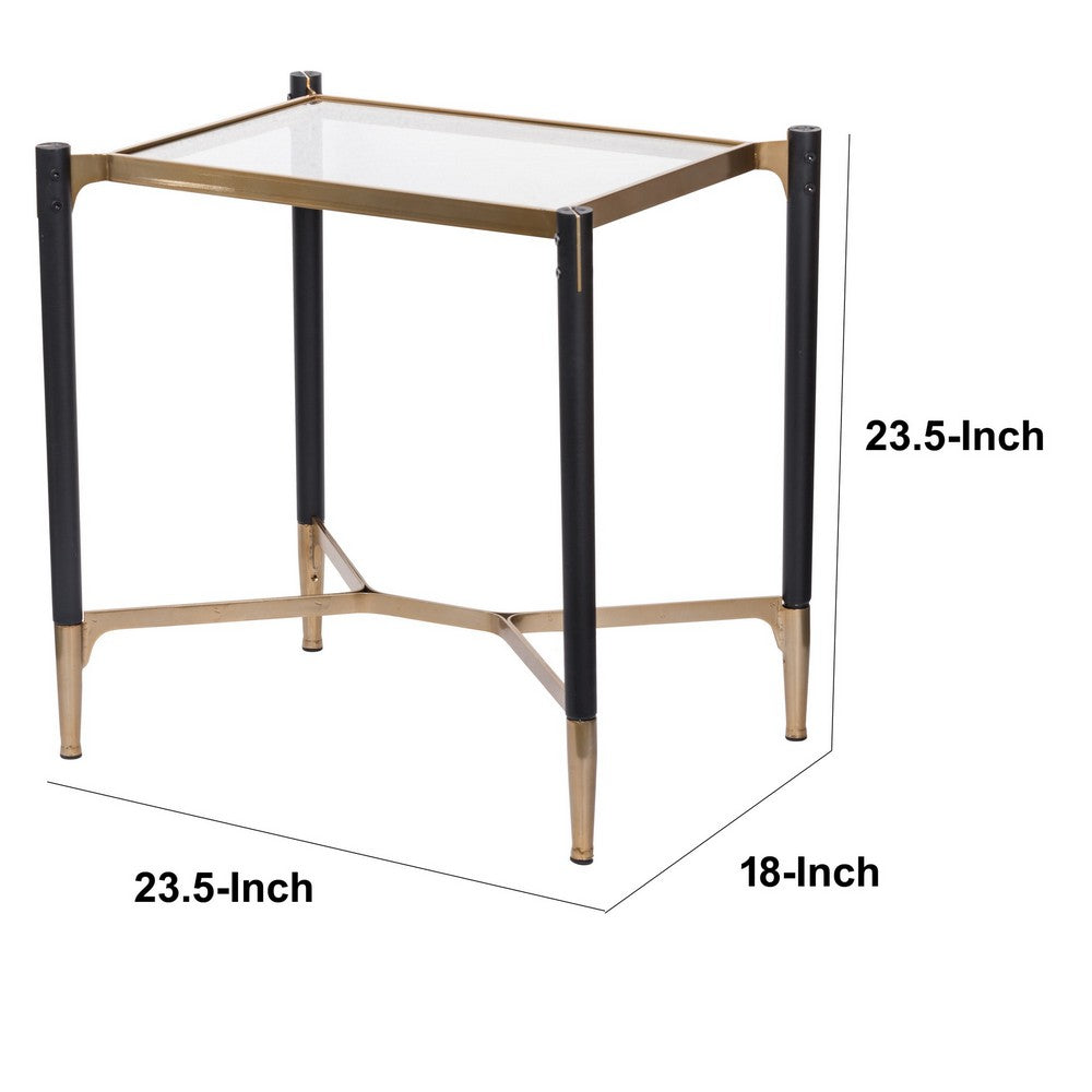 24 Inch Accent Side Table, Iron Frame, Glass Top, Modern, Gold, Black By Casagear Home
