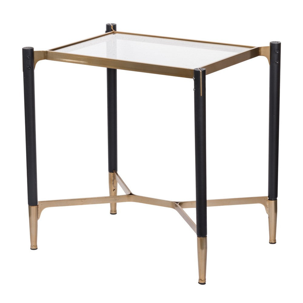 24 Inch Accent Side Table, Iron Frame, Glass Top, Modern, Gold, Black By Casagear Home