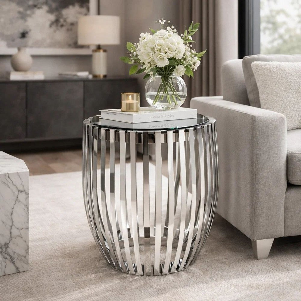 Accent Side Table | 23" | Steel Ribs | Drum Shape | Mirrored Top | Silver