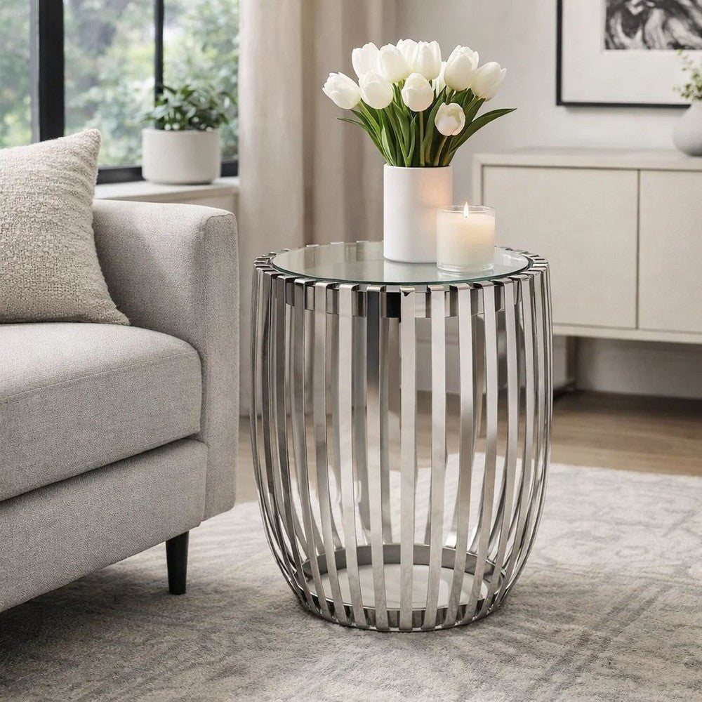Accent Side Table | 23" | Steel Ribs | Drum Shape | Mirrored Top | Silver