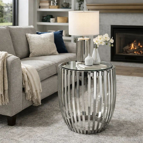Accent Side Table | 23" | Steel Ribs | Drum Shape | Mirrored Top | Silver