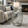 Accent Side Table | 23" | Steel Ribs | Drum Shape | Mirrored Top | Silver