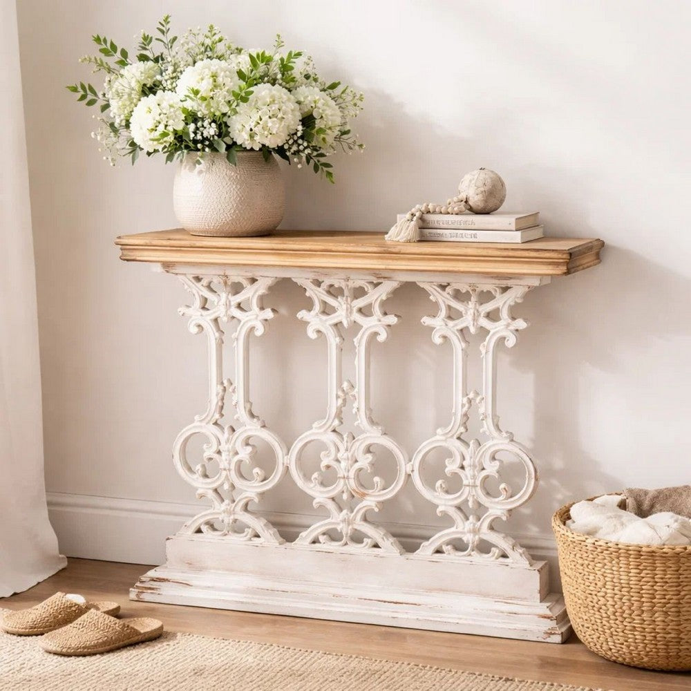 Console Table | 32" | Fir Wood | Scrollwork Base | Antique White