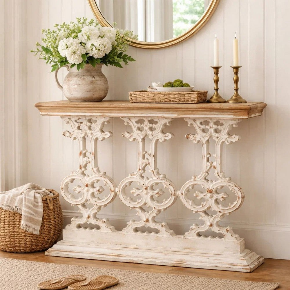 Console Table | 32" | Fir Wood | Scrollwork Base | Antique White