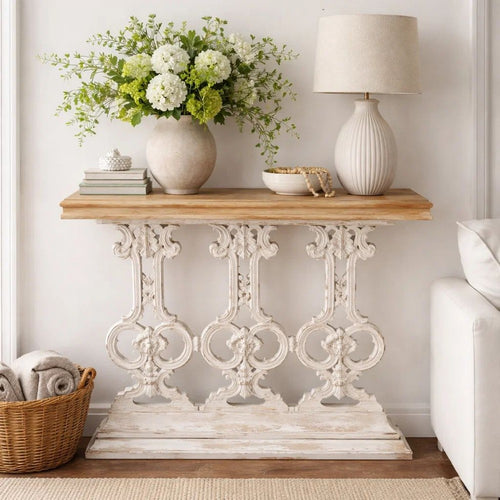 Console Table | 32" | Fir Wood | Scrollwork Base | Antique White