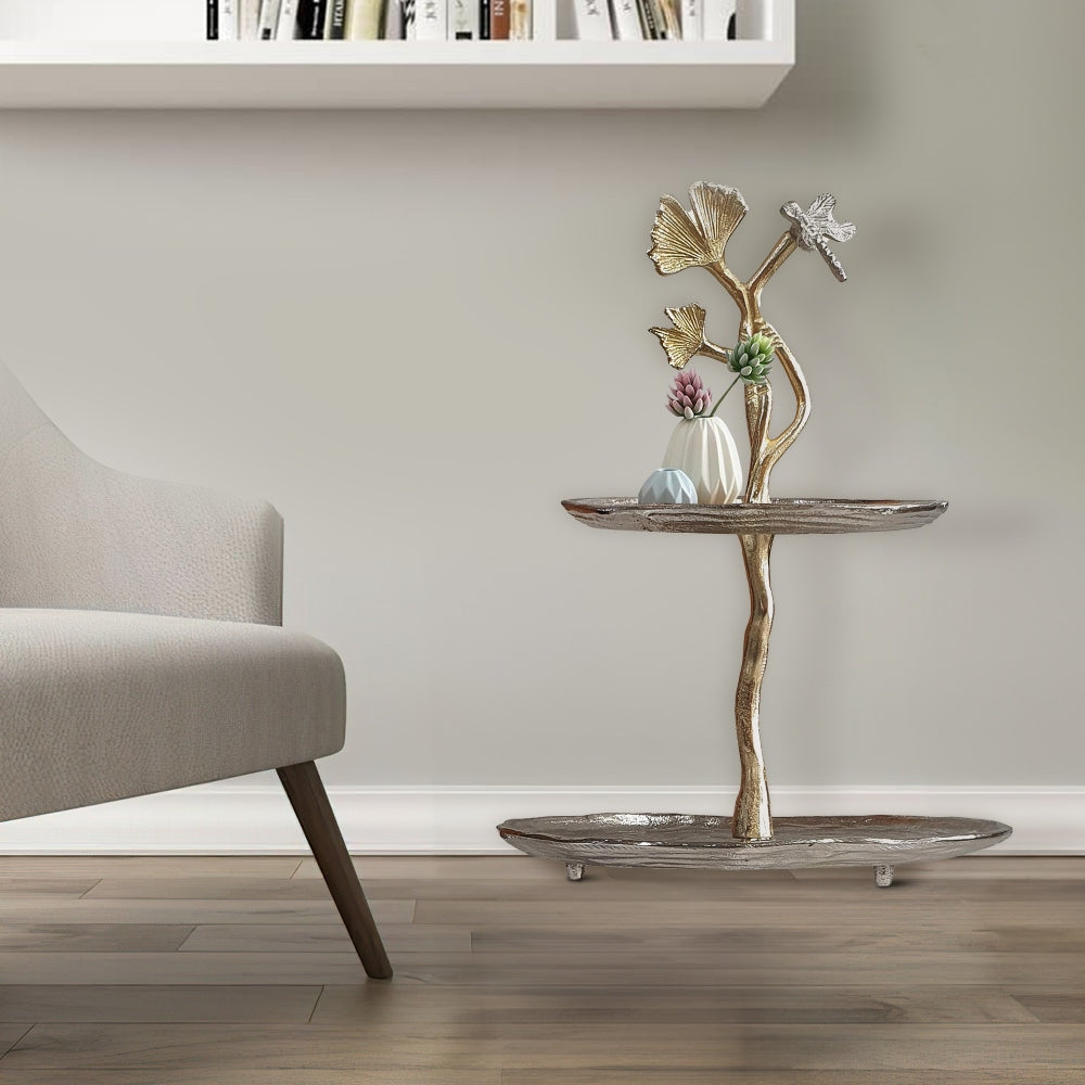 Accent Table | 16" | 2 Tier | Aluminum Cherry Blossom | Gold Silver