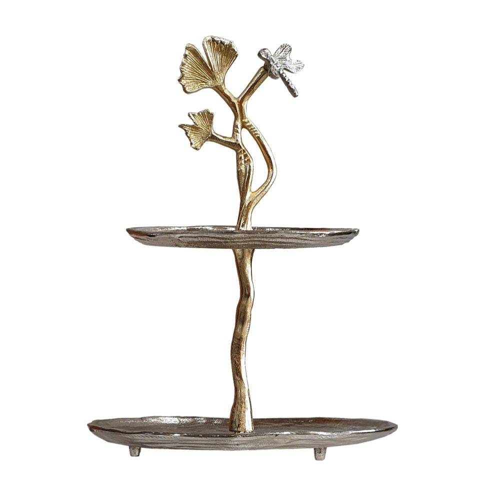 16 Inch Elegant Accent Table 2 Tier Aluminum Cherry Blossom Gold Silver By Casagear Home BM285160