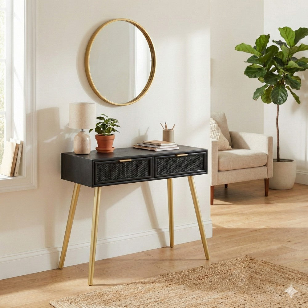 Pia Console Table | 32" | Wood | 2 Drawers | Rattan Design | Black Gold