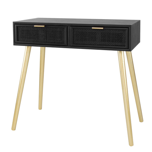 Pia Console Table | 32" | Wood | 2 Drawers | Rattan Design | Black Gold