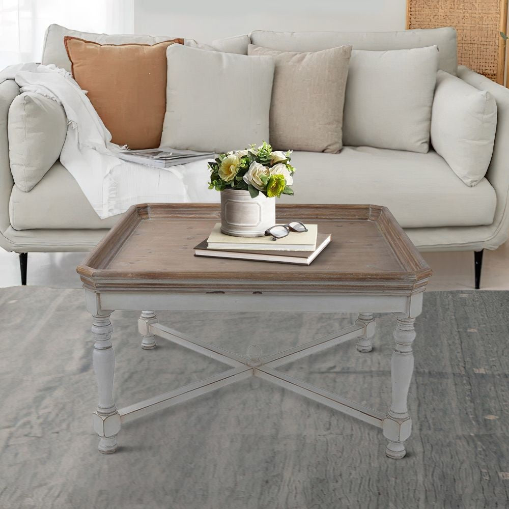 Fin Coffee Table | 33" | Tray Top | Rustic Fir Wood | White Brown