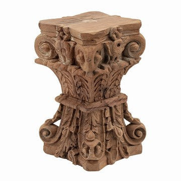 Stool Table | 19" | Carved Pillar Accent | Antique Brown