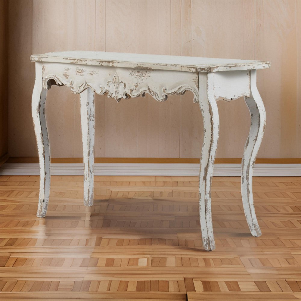 30 Inch Console Table, Fir Wood, Rectangle, Curved Legs, Distressed White By Casagear Home