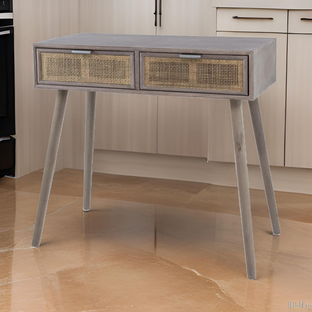 Pia Console Table | 31" | Pine Wood | 2 Drawers | Rattan | Rustic Brown