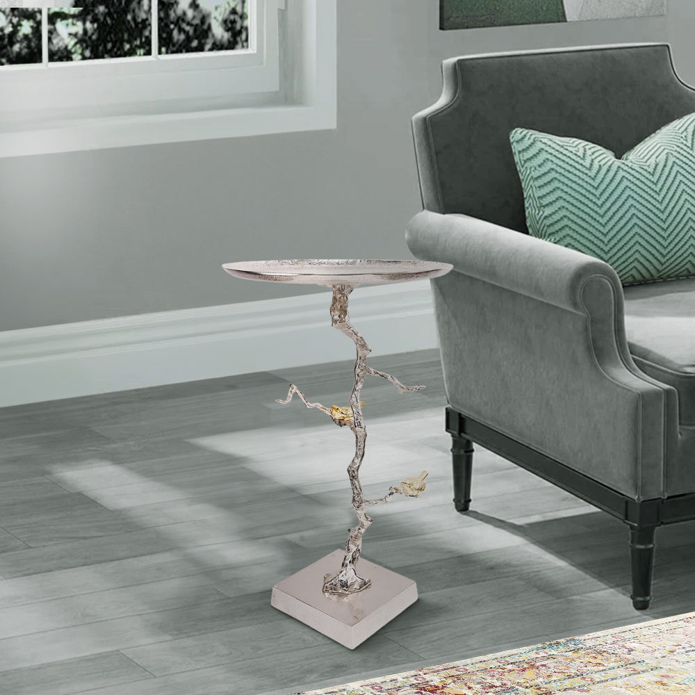 28 Inch Accent Table, Artful Branch Like Frame, Gold Bird Accents, Silver By Casagear Home
