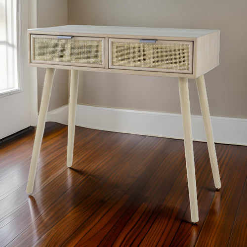 Pia Console Table | 32" | Wood | 2 Drawers | Rattan | Natural Brown