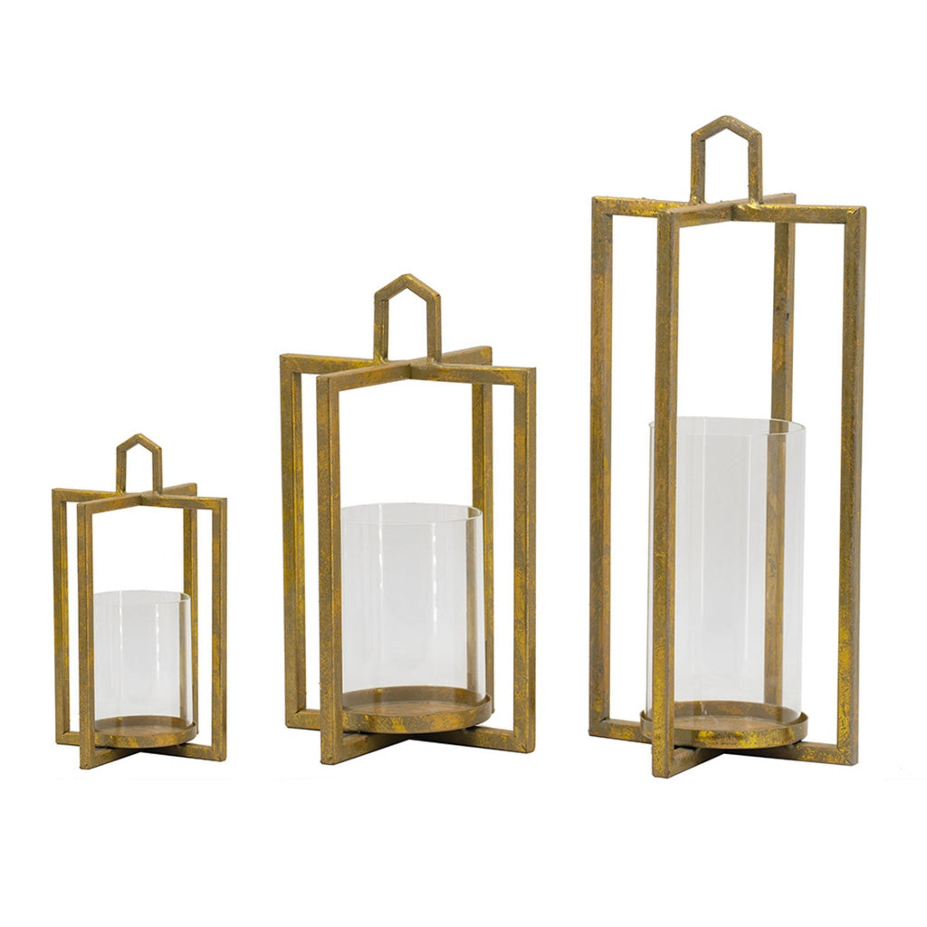 19 15 11 Inch Lanterns Set of 3 Tea Light Glass Holders Modern Gold By Casagear Home BM285278