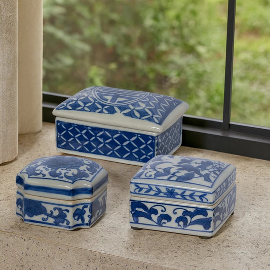 Decorative Boxes | Set of 3 | Blue White Porcelain | Floral