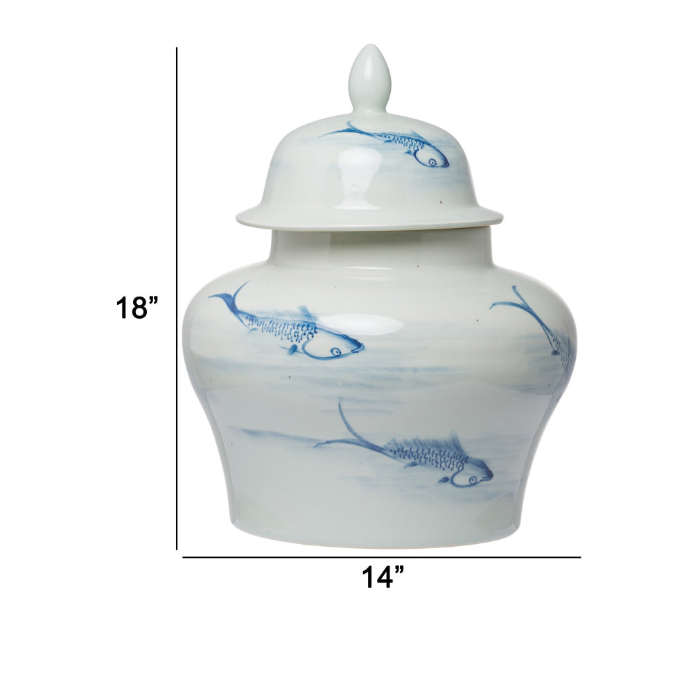 18 Inch Porcelain Ginger Jar Artful Wispy Fish Classic White and Blue By Casagear Home BM285358