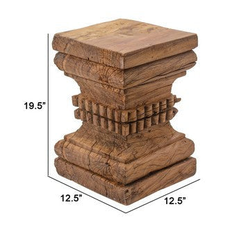 20 Inch Accent Table Rustic Pillar Pedestal with Scrolled Carvings Brown By Casagear Home BM285367