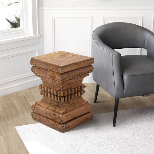 Accent Table | 20" | Rustic Pillar | Scroll Carvings | Brown