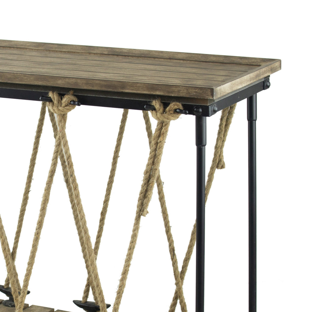 52 Inch Console Table Rustic Plank Top with Crossed Rope Design Brown By Casagear Home BM285382