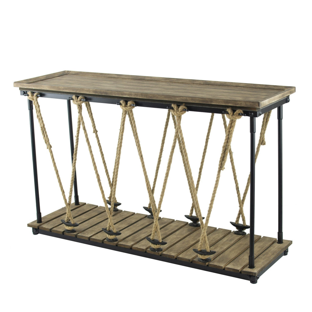 52 Inch Console Table Rustic Plank Top with Crossed Rope Design Brown By Casagear Home BM285382