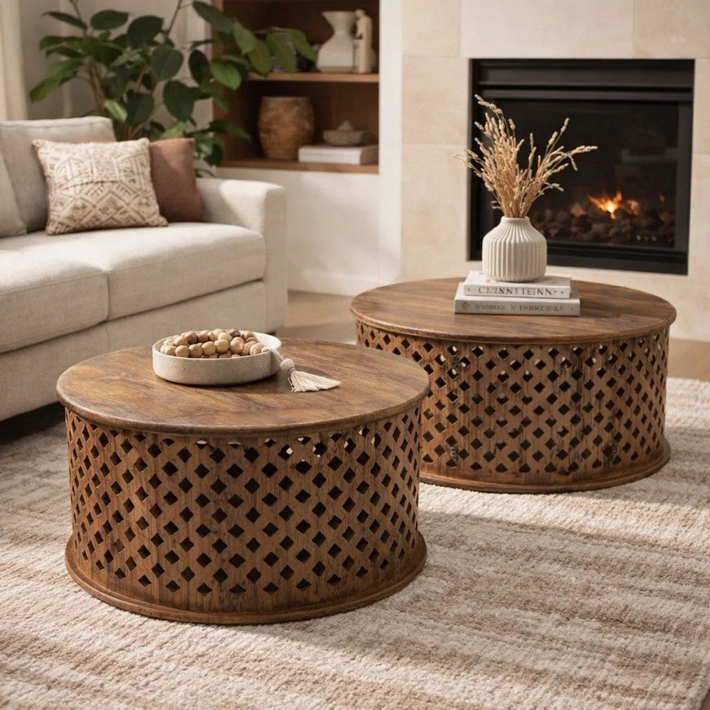 Coffee Table Set | 35", 34" | 2 Piece | Mango Wood Lattice | Brown