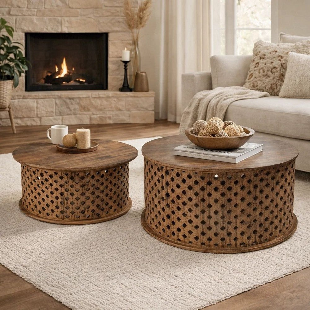 Coffee Table Set | 35", 34" | 2 Piece | Mango Wood Lattice | Brown
