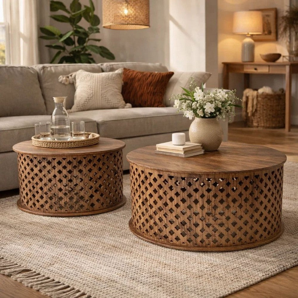 Coffee Table Set | 35", 34" | 2 Piece | Mango Wood Lattice | Brown