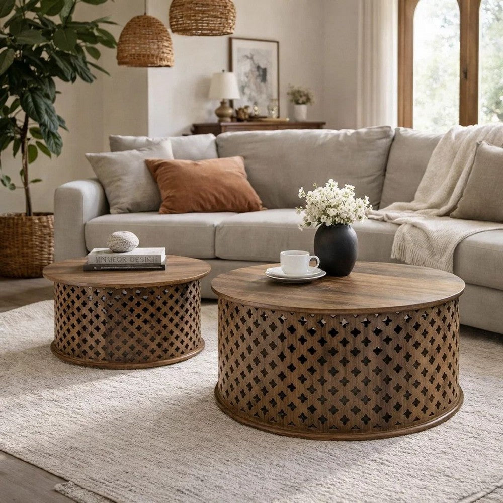Coffee Table Set | 35", 34" | 2 Piece | Mango Wood Lattice | Brown