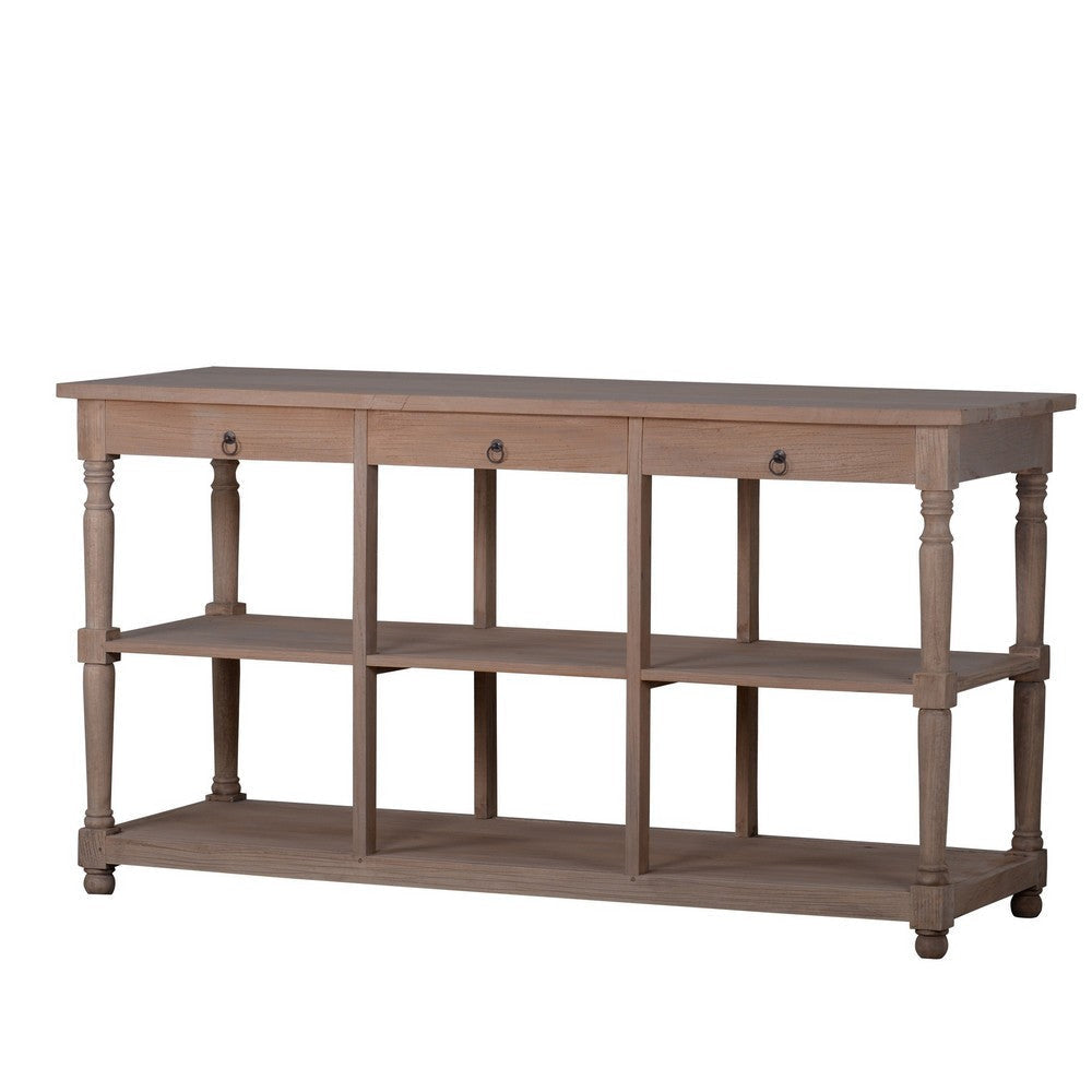 65 Inch Side Console Table, 3 Drawers, Turned Legs, Natural Durian Wood