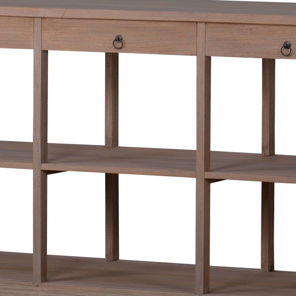 65 Inch Side Console Table 3 Drawers Turned Legs Natural Durian Wood BM285431