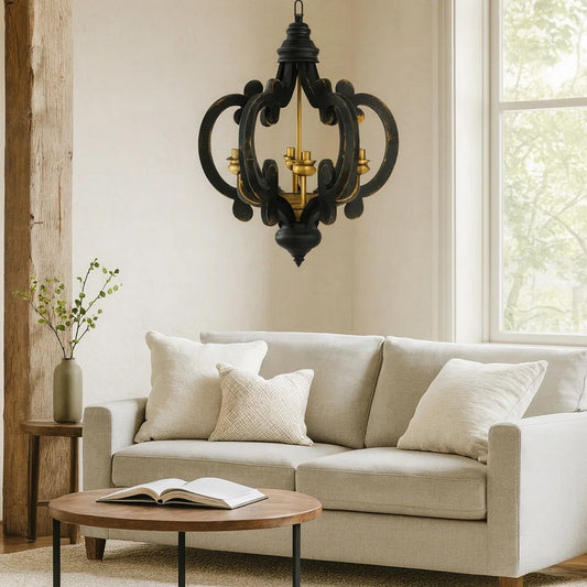 Aki Chandelier | 21" | 6 Light | Carved Wood | Black Gold