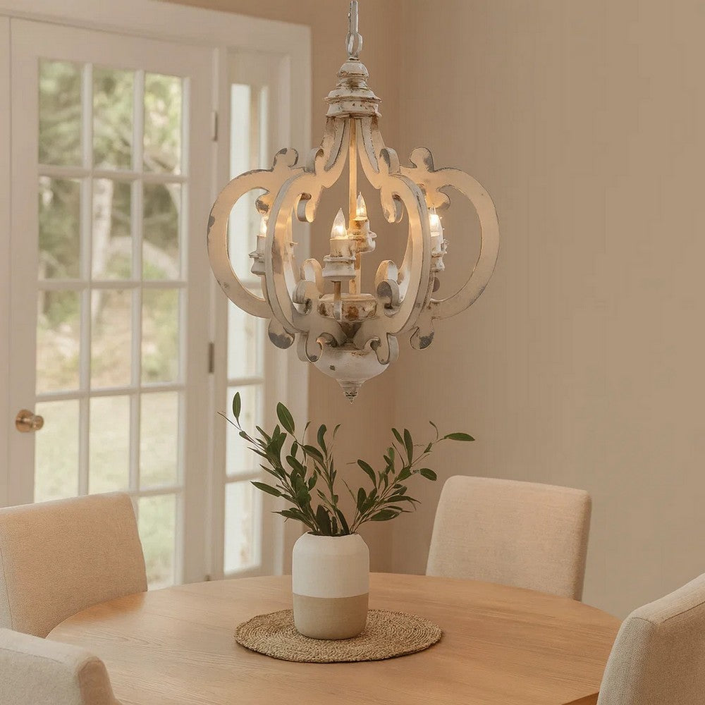 Aki Chandelier | 21" | 6 Light | Carved Wood | Vintage White