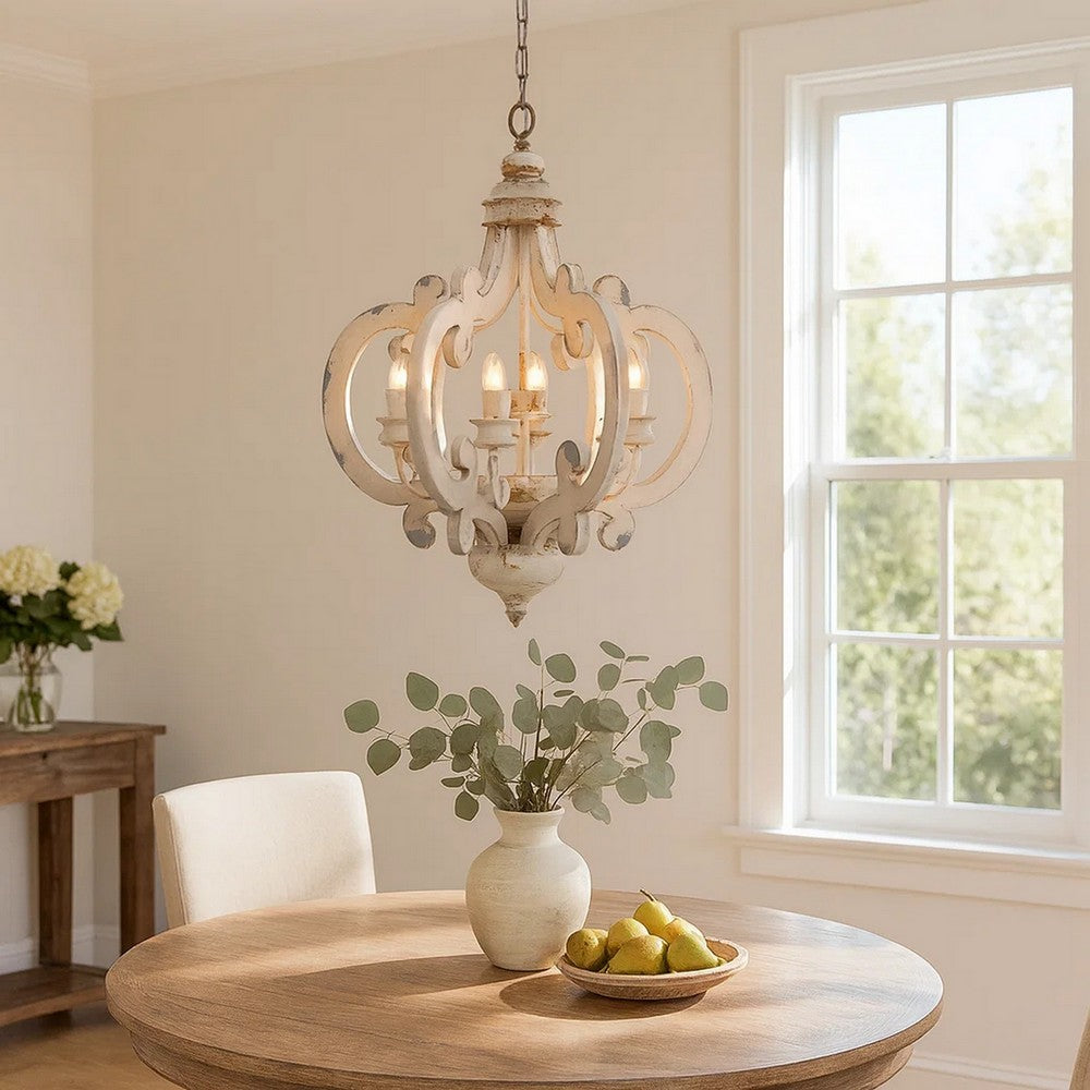 Aki Chandelier | 21" | 6 Light | Carved Wood | Vintage White
