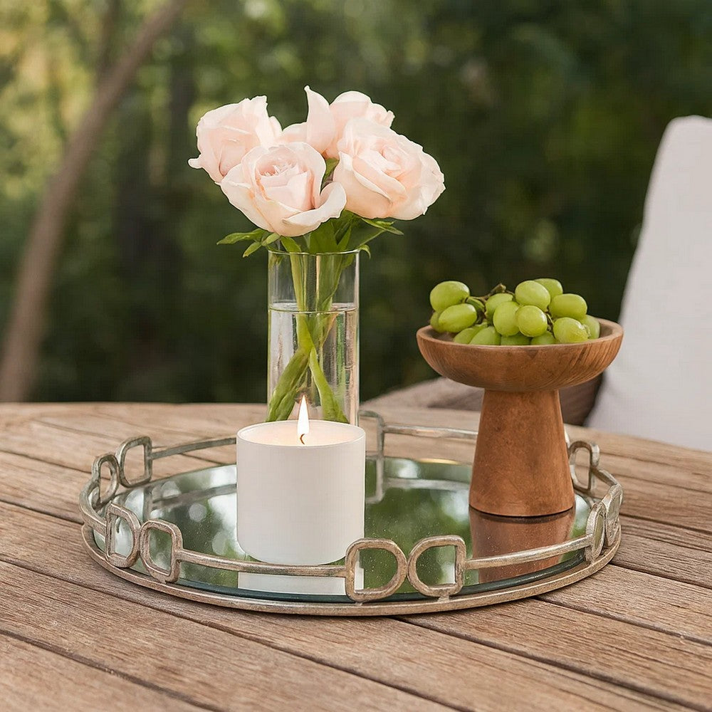 Sui Tray | 18" | Round | Glass Bottom | Silver Geometric Frame