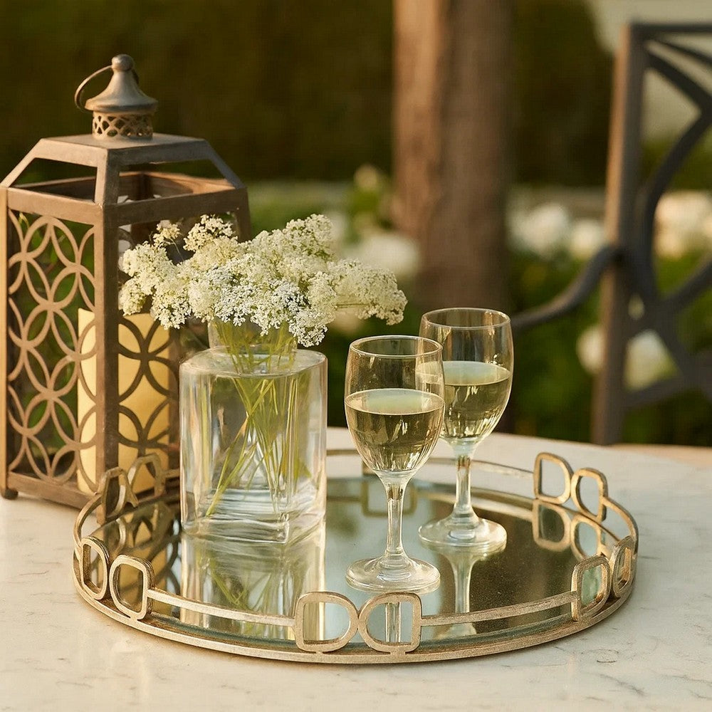 Sui Tray | 18" | Round | Glass Bottom | Silver Geometric Frame