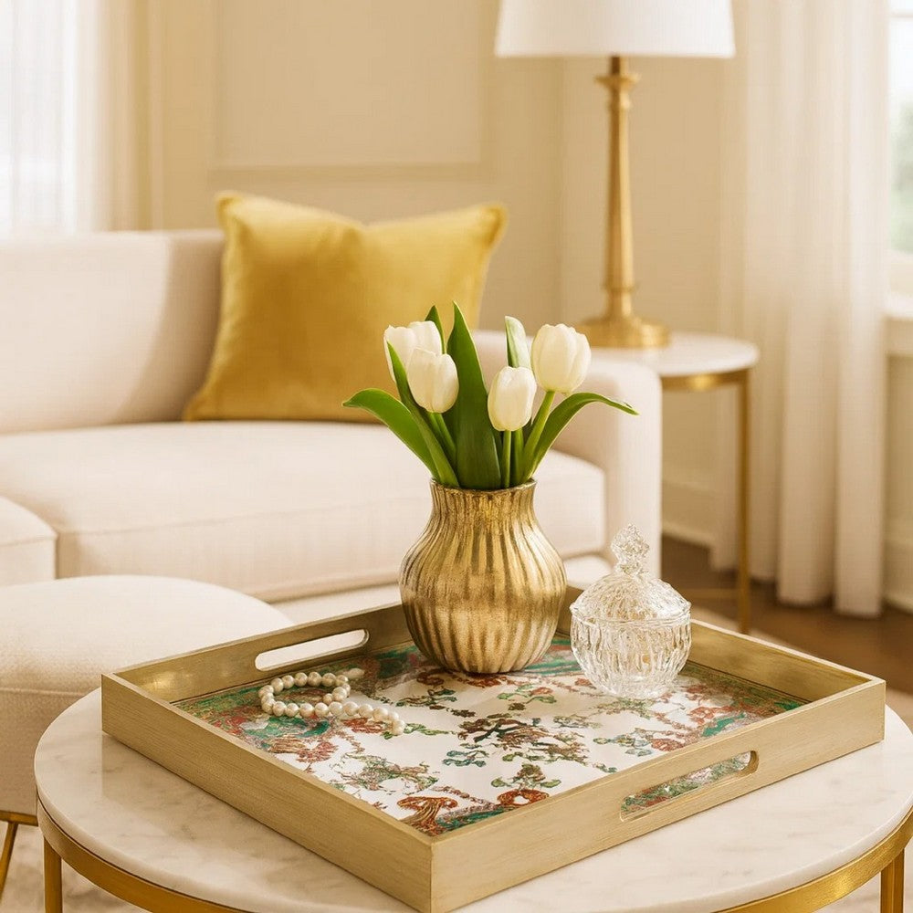 Miki Tray | 20" | Square | Mirrored Damask Pattern | Gold