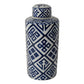 14 Inch Lidded Jar Geometric Pattern Cylindrical Blue and White Porcelain By Casagear Home BM285526