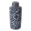 14 Inch Lidded Jar Geometric Pattern Cylindrical Blue and White Porcelain By Casagear Home BM285526